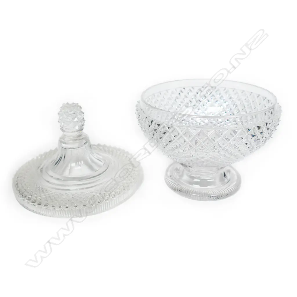 A quality pair of Victorian cut crystal lidded sweetmeat bowls on trays, Image 1++