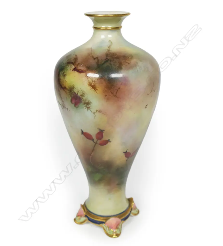 An Edwardian 1905 Royal Worcester peacock painted elegant baluster vase, Image 1++