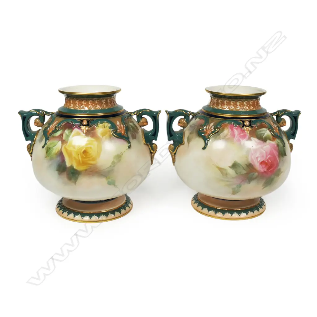 A pair of c.1900 Hadley's Worcester squat baluster vases, Image 1++
