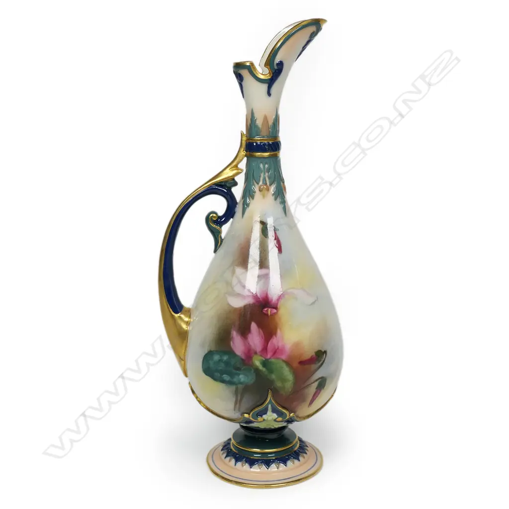 An attractive hand painted and gilded small Royal Worcester ewer, Image 1++
