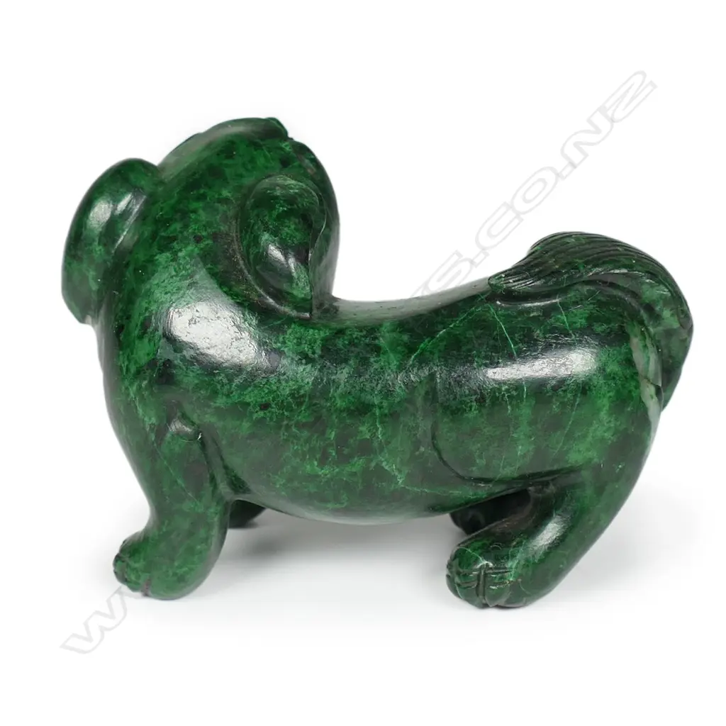An old Chinese carved malachite fu dog on stand, Image 1++