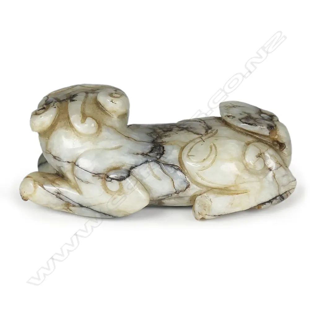 An old Chinese striated pale green jade carving of a Bixie, Image 1++