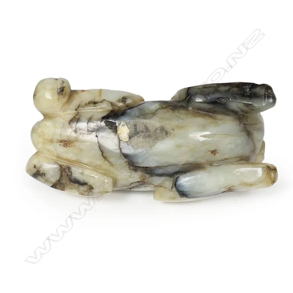 An old Chinese striated pale green jade carving of a Bixie, Image 1++