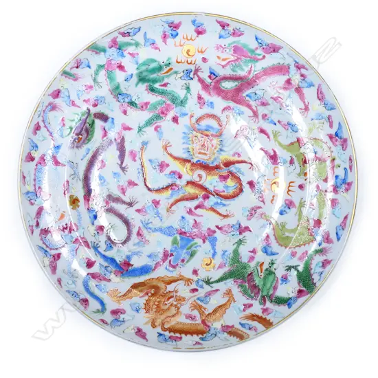 A Chinese porcelain Canton enamel famille rose shallow dish,
