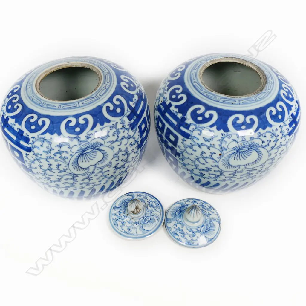 A pair of 19thC Chinese blue and white lidded ginger jars, Image 1++