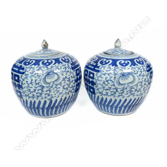 A pair of 19thC Chinese blue and white lidded ginger jars,