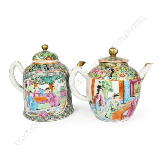 Two Chinese 19thC small famille rose tea pots,