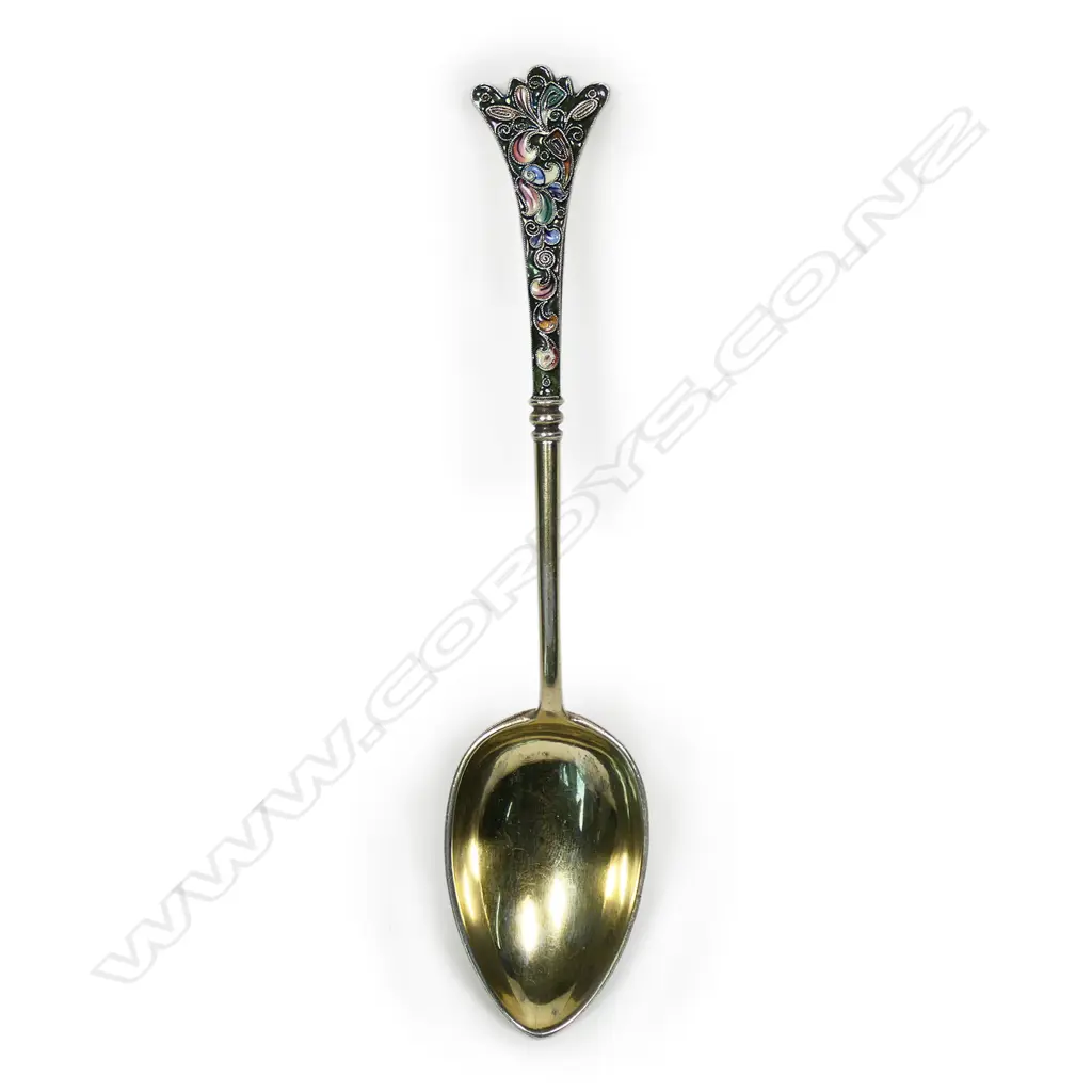 A Russian enamelled and gilded silver fancy serving / collector's spoon, Image 1++