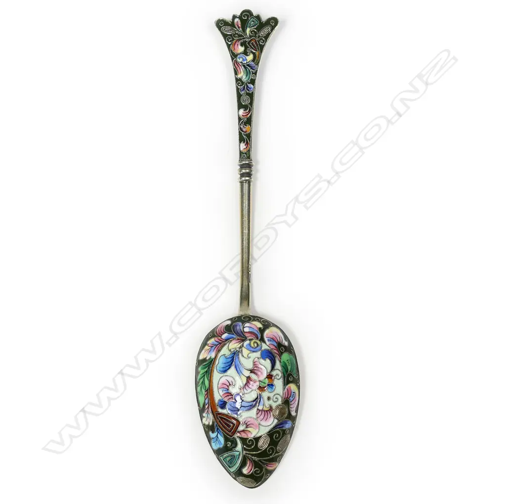 A Russian enamelled and gilded silver fancy serving / collector's spoon, Image 1++