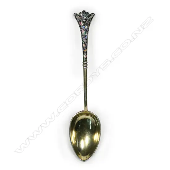 A Russian enamelled and gilded silver fancy serving / collector's spoon,