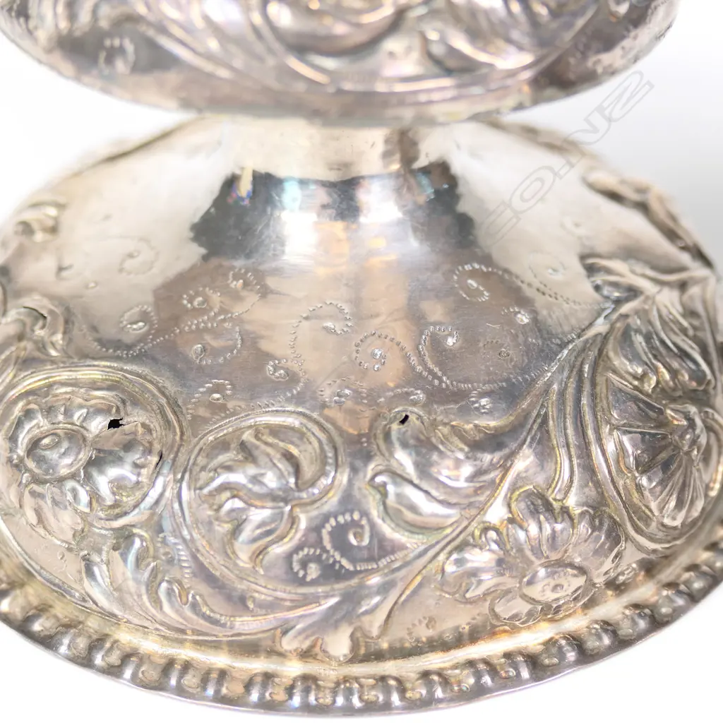 Two uncommon 18th-19thC embossed silver pedestal salts, Image 1++