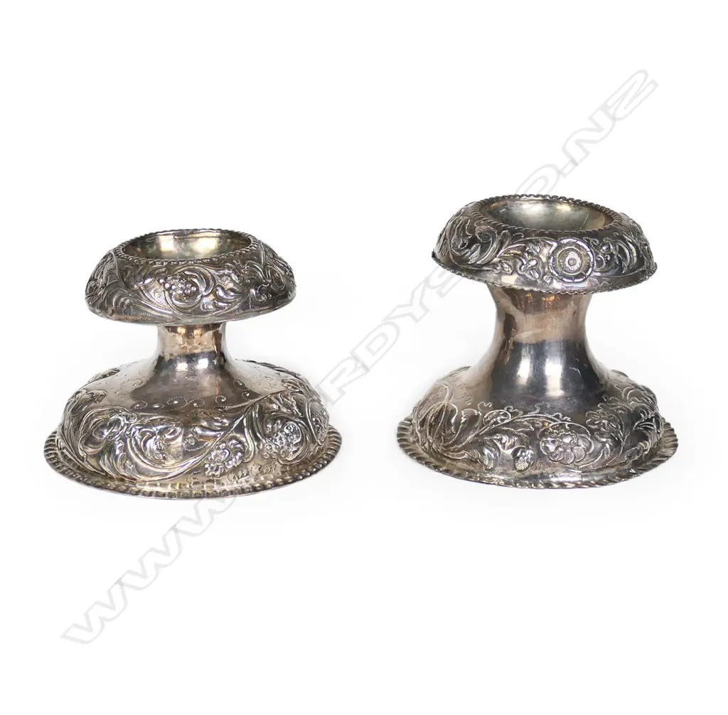 Two uncommon 18th-19thC embossed silver pedestal salts, Image 1++