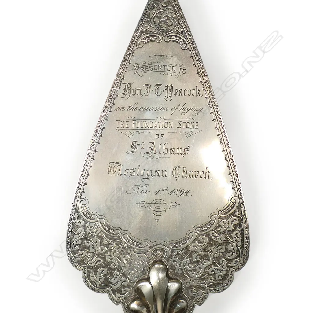 The New Zealand historic silver 'St. Albans Wesleyan Church Nov. 1st 1894' presentation trowel, Image 1++