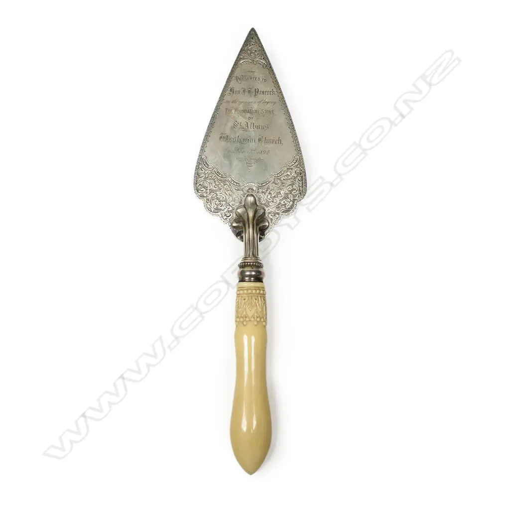 The New Zealand historic silver 'St. Albans Wesleyan Church Nov. 1st 1894' presentation trowel, Image 1++