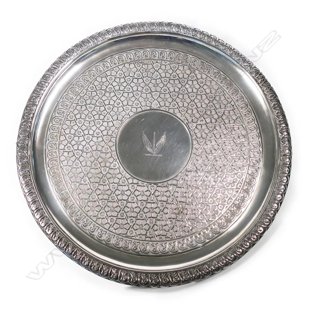 A Victorian silver engraved circular salver, Image 1++