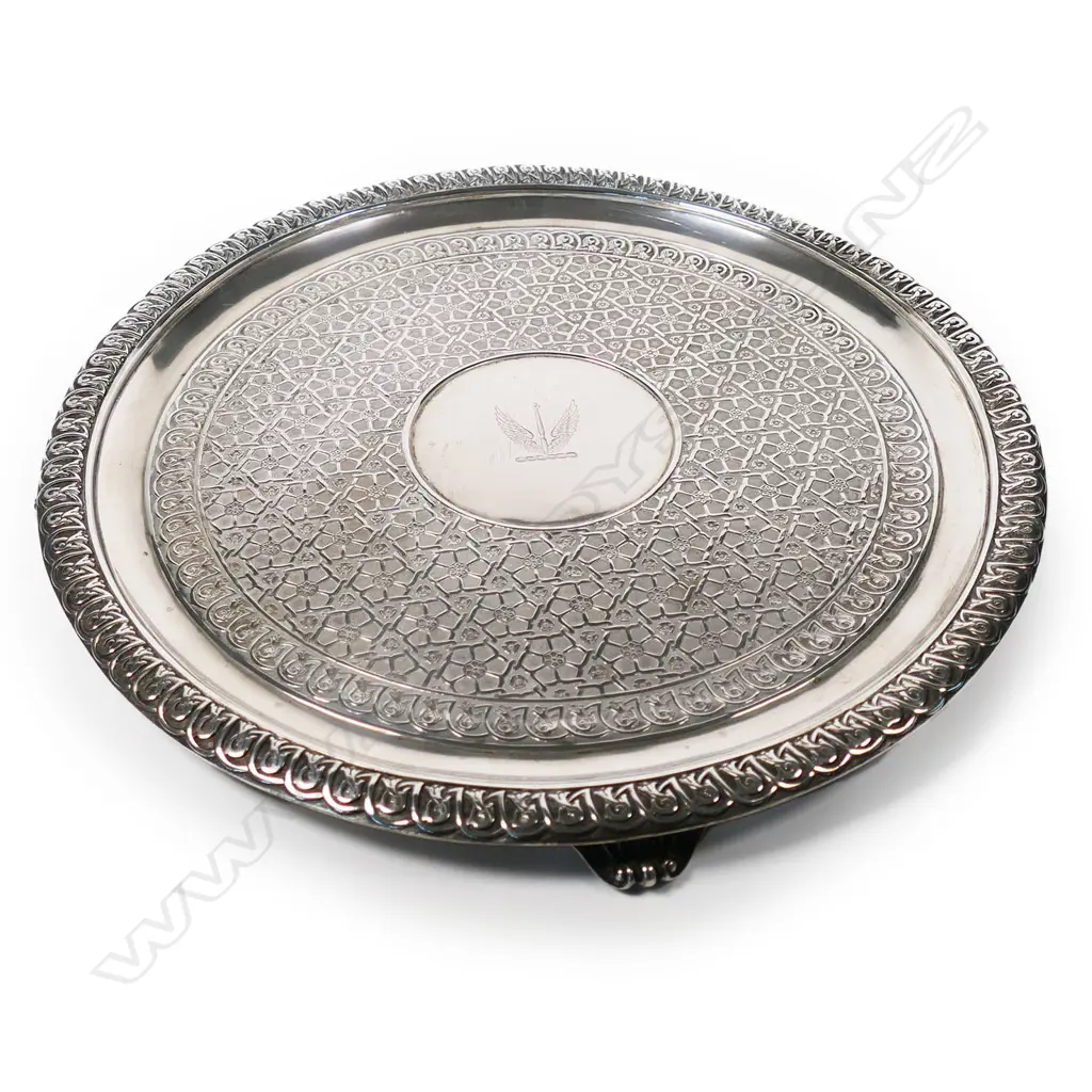 A Victorian silver engraved circular salver, Image 1++