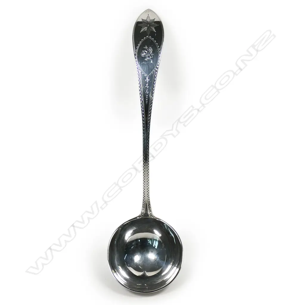 A quality late Victorian George III revival bright cut soup ladle, Image 1++