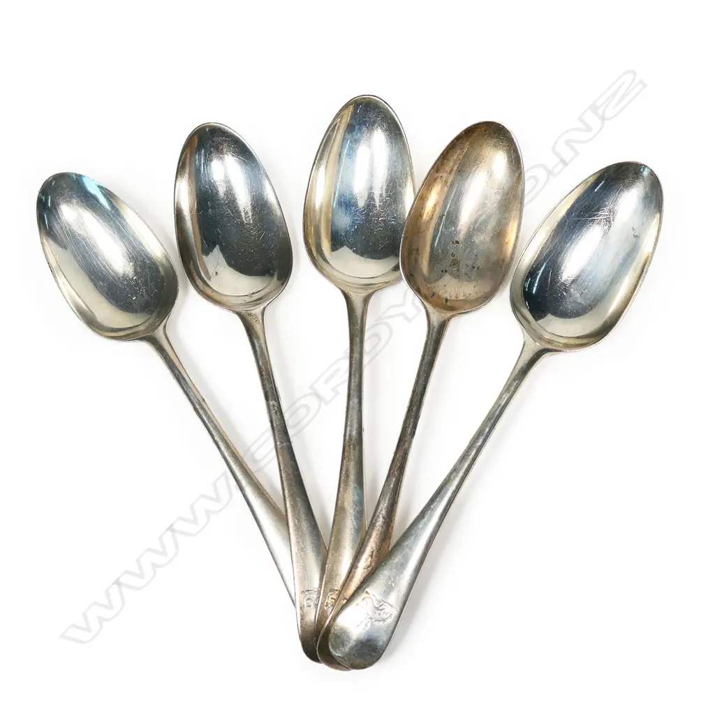 Five early George III silver bottom marked Hanoverian table spoons, Image 1++
