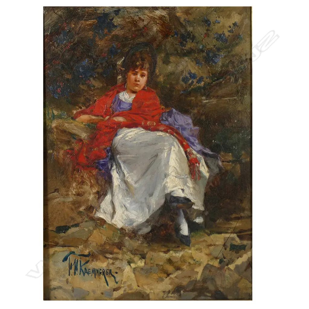F.H. Kaemmerer (Holland 1839-1902) 'Woman with Red Shawl', Image 1++