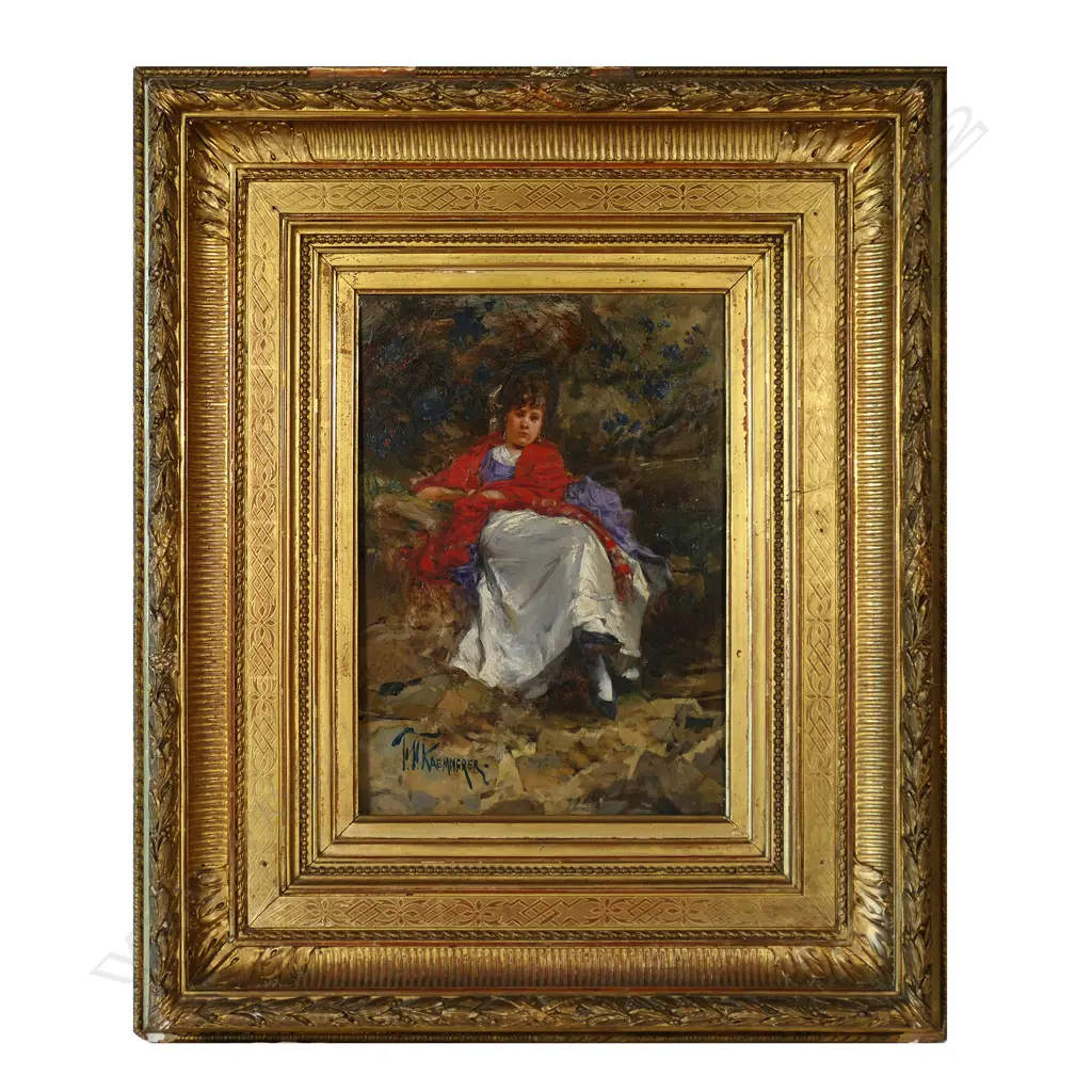 F.H. Kaemmerer (Holland 1839-1902) 'Woman with Red Shawl', Image 1++