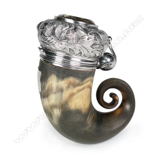 An impressive large Victorian Scottish silver and horn snuff mull,
