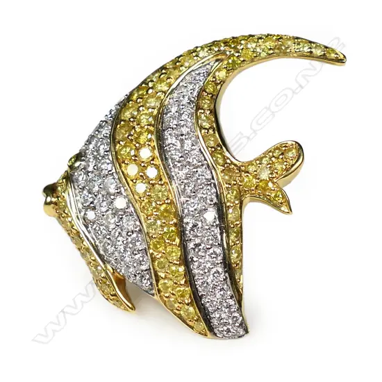 An 18ct yellow and white gold and diamond angel fish brooch,
