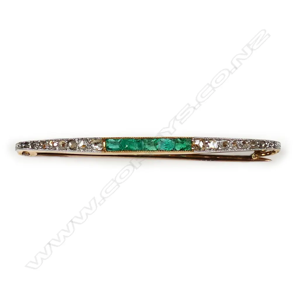 Art Deco 15ct white fronted yellow gold emerald and diamond bar brooch, Image 1++