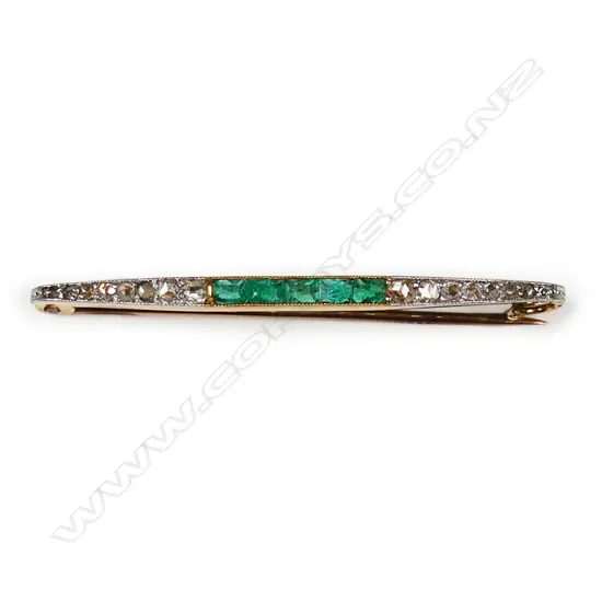 Art Deco 15ct white fronted yellow gold emerald and diamond bar brooch,