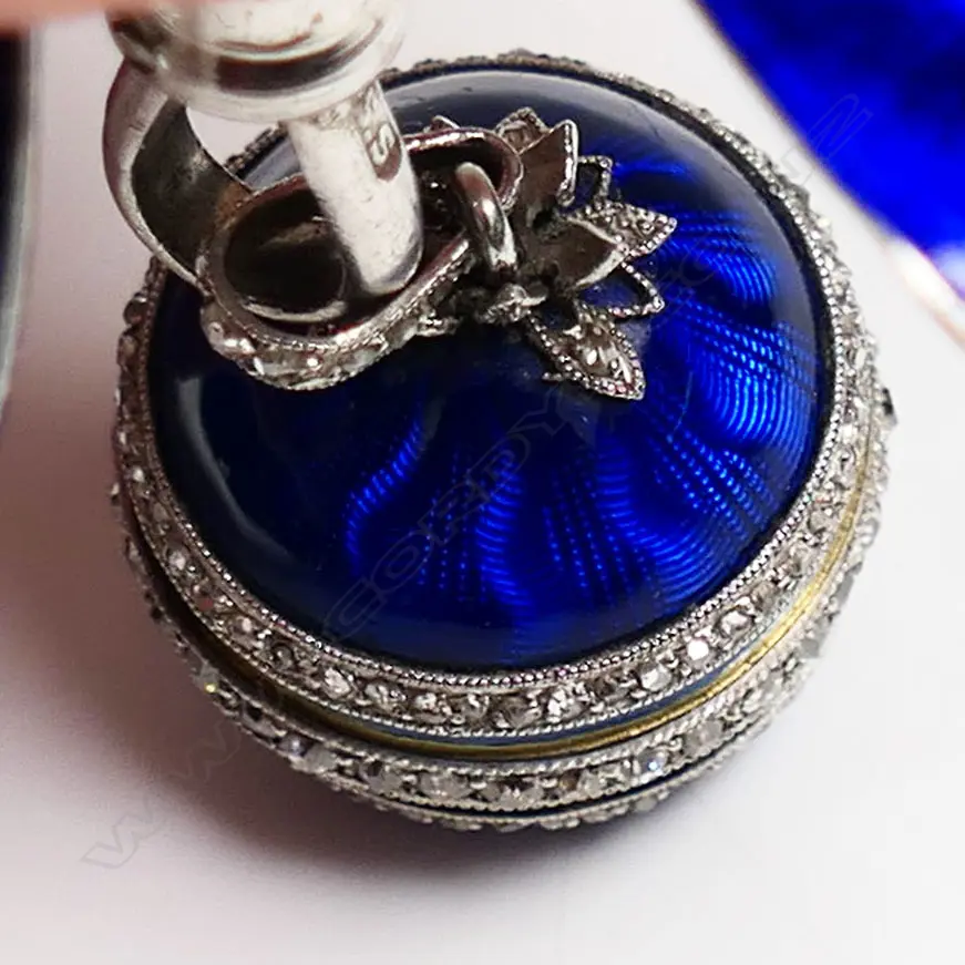 A Victorian 18ct white gold, guilloché bleu du roi enamelled and diamond set ball watch, on later 9ct white gold bow, Image 1++