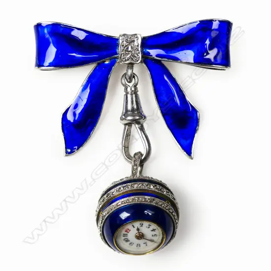 A Victorian 18ct white gold, guilloché bleu du roi enamelled and diamond set ball watch, on later 9ct white gold bow,