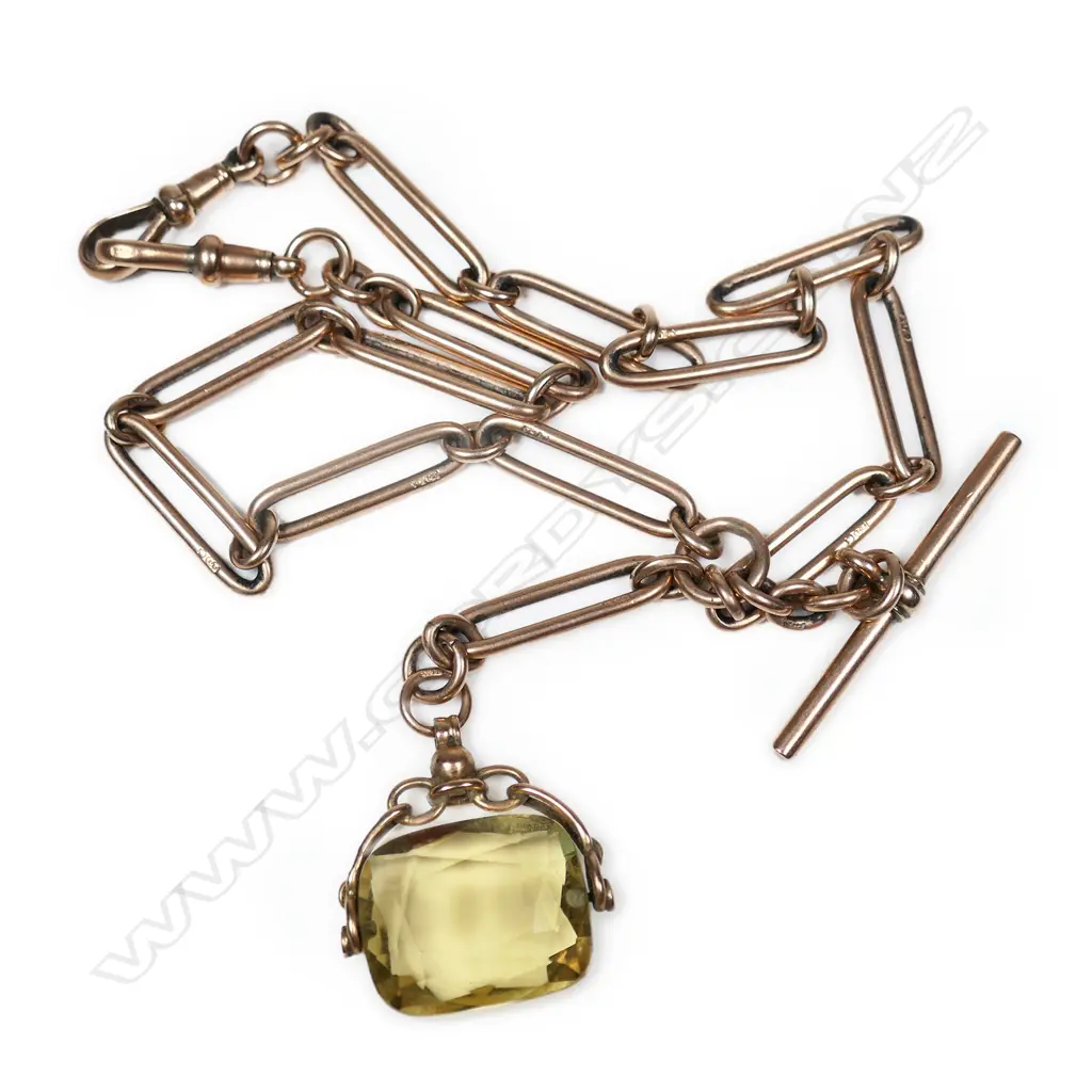 An Edwardian 9ct rose gold fob chain and citrine spinner, Image 1++