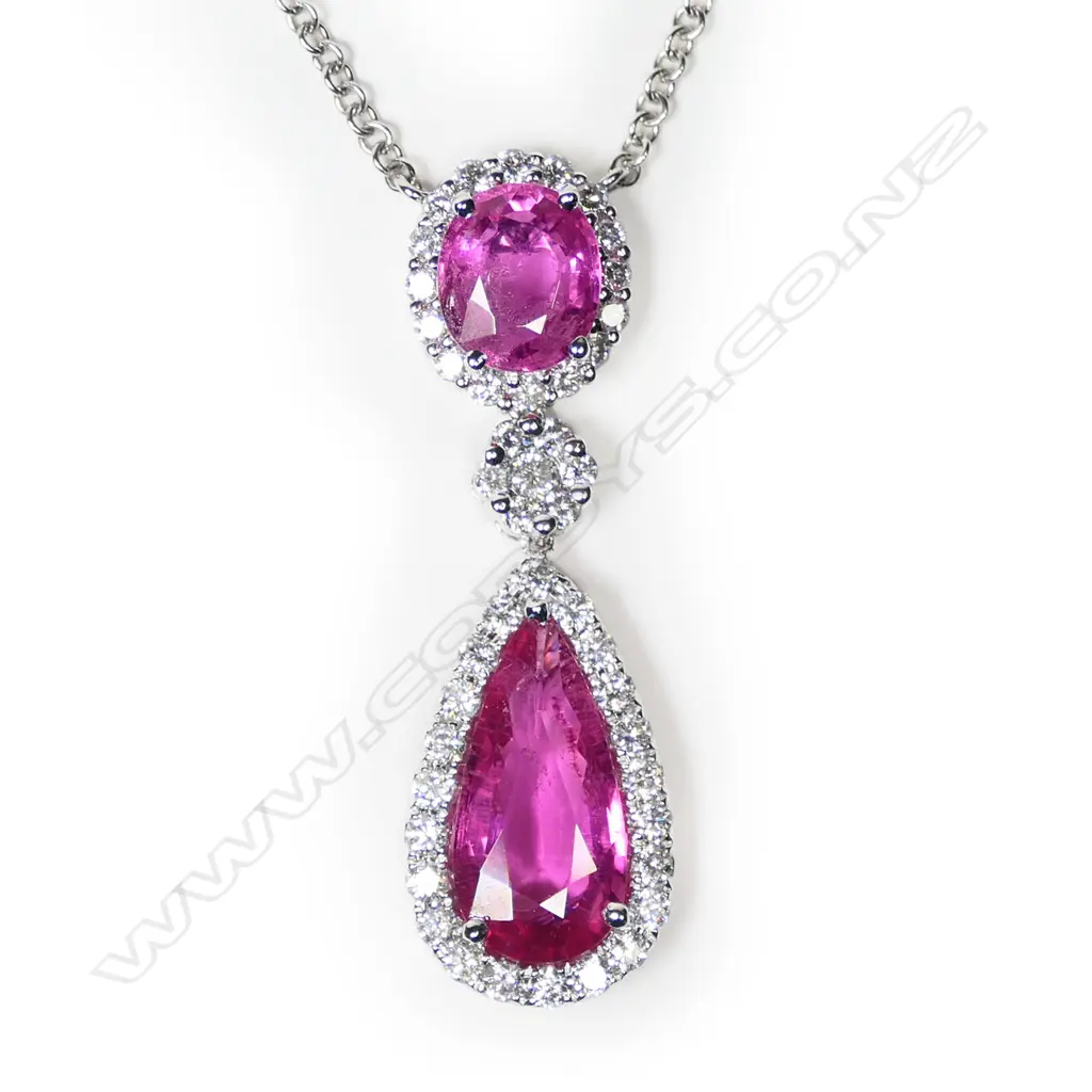 An 18ct white gold pink tourmaline and diamond pendant on chain, Image 1++