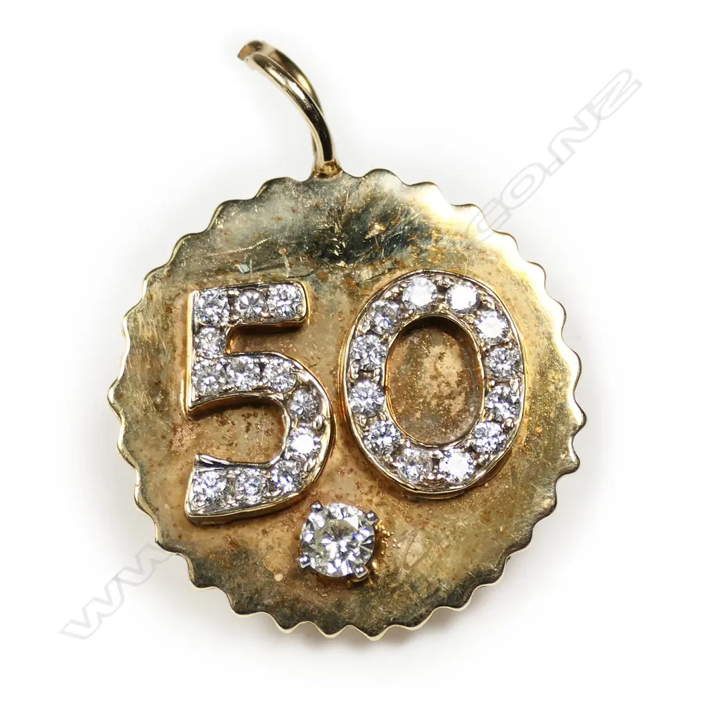 A 14ct yellow gold and diamond set '50' pendant, Image 1++