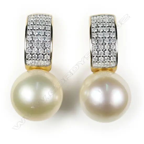 A pair of 14ct gold cultured South Sea pearl and diamond retro style drop earrings,