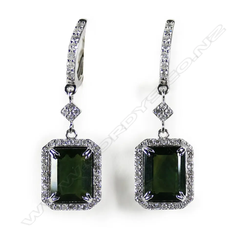 A pair of 14ct white gold green sapphire and diamond halo drop earrings, Image 1++