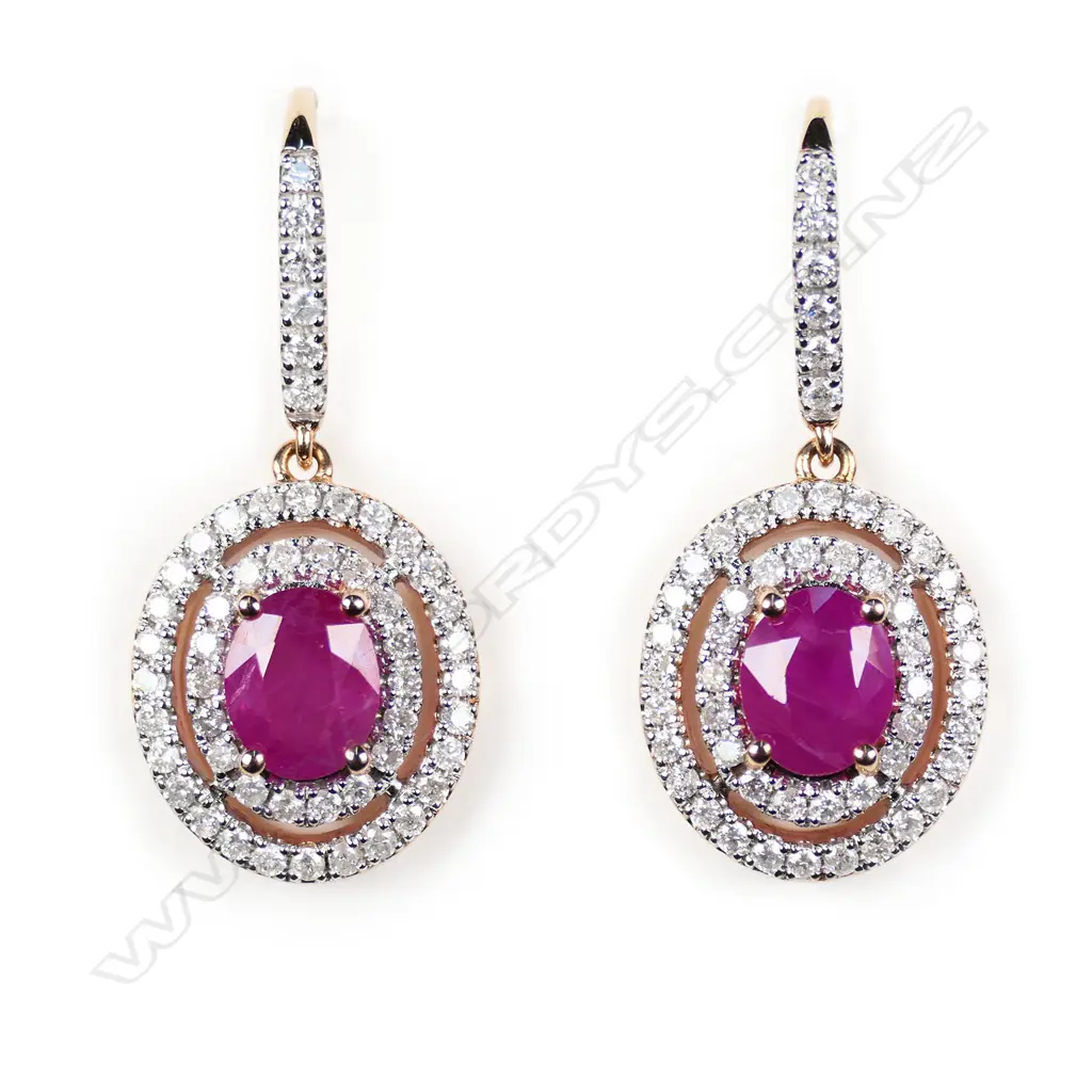 A pair of 14ct rose gold ruby and diamond double halo drop earrings, Image 1++