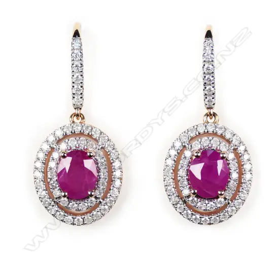 A pair of 14ct rose gold ruby and diamond double halo drop earrings,