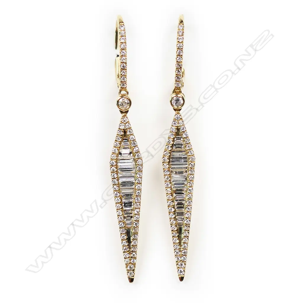 A pair of 18ct yellow gold and diamond drop earrings, Image 1++