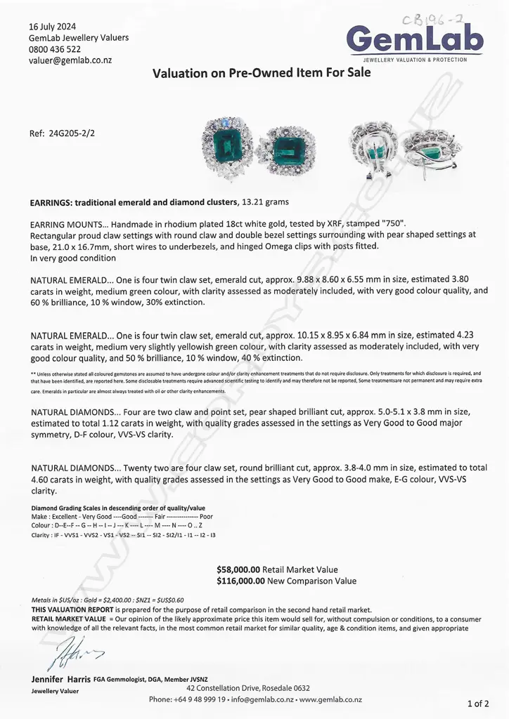 A pair of impressive 18ct white gold emerald and diamond earrings, Image 1++