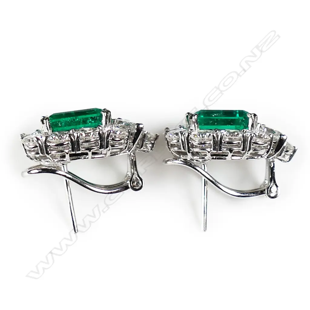 A pair of impressive 18ct white gold emerald and diamond earrings, Image 1++