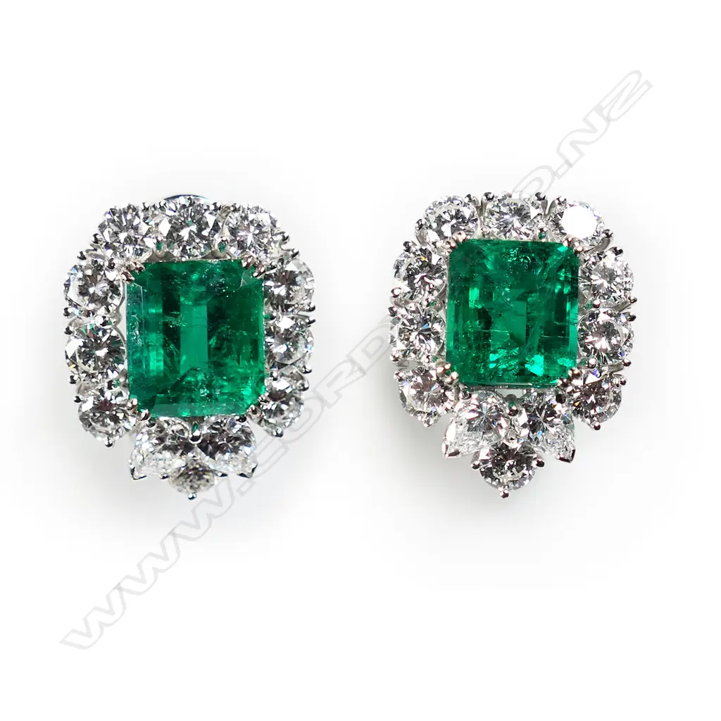 A pair of impressive 18ct white gold emerald and diamond earrings, Image 1++