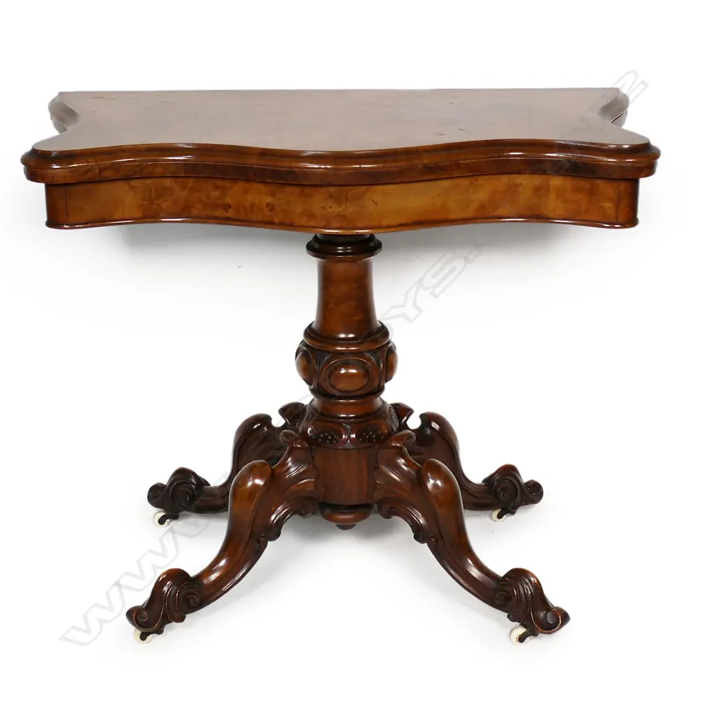 A quality Victorian burr walnut serpentine tea table, Image 1++
