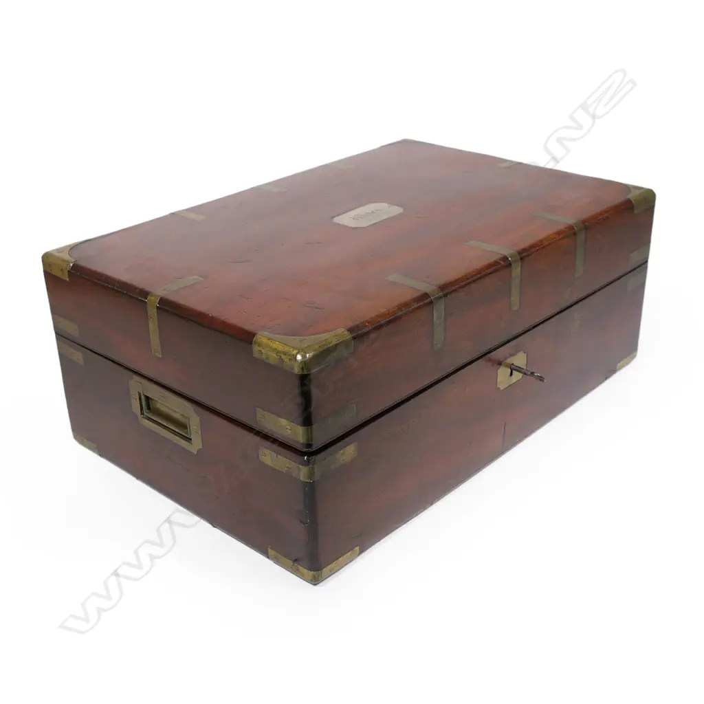A 19thC Regimental mahogany and brass bound military campaign decanter box, Image 1++