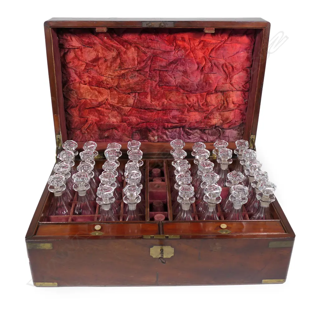 A 19thC Regimental mahogany and brass bound military campaign decanter box, Image 1++