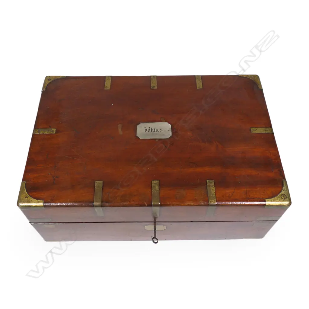 A 19thC Regimental mahogany and brass bound military campaign decanter box, Image 1++