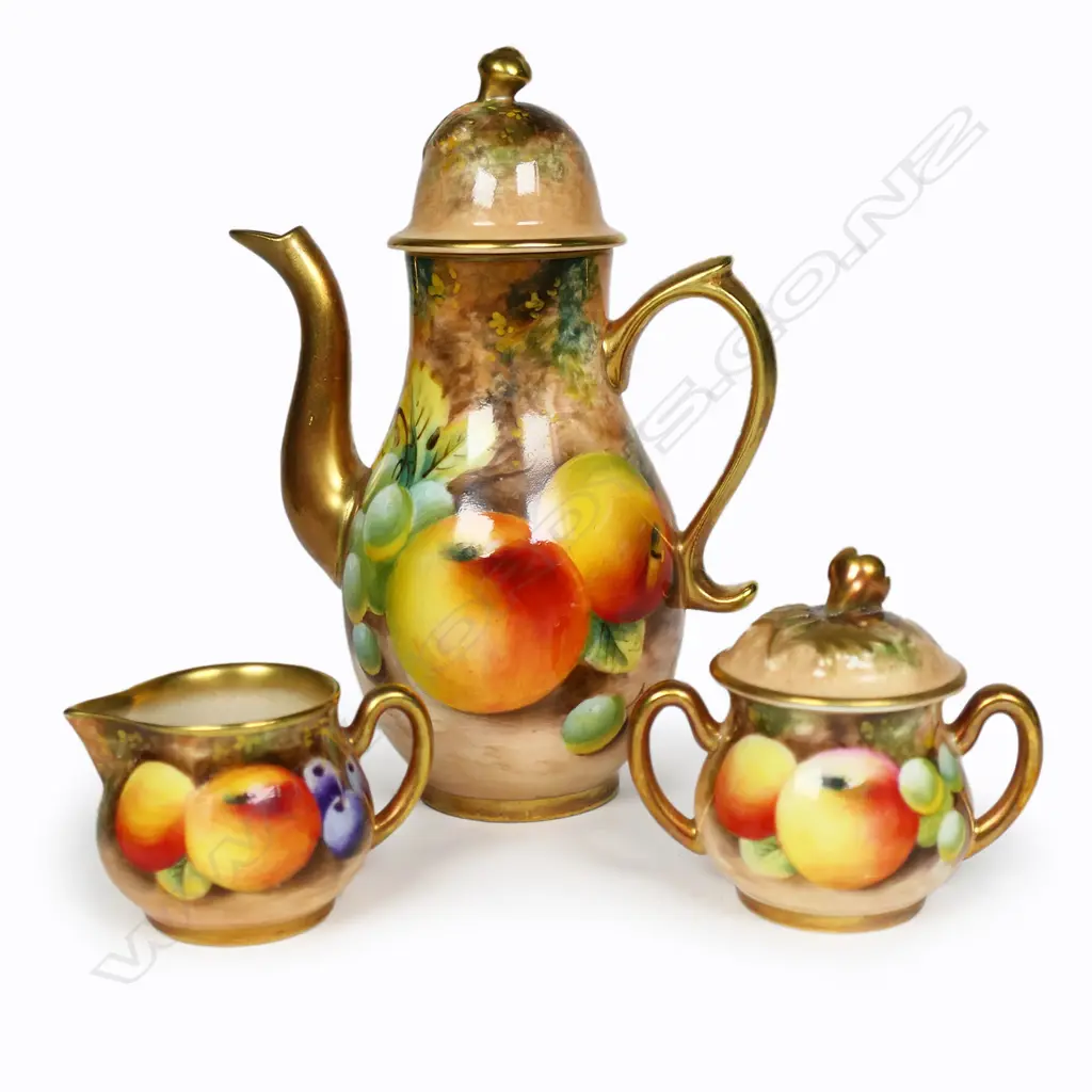 A Royal Worcester fruit hand painted miniature coffee set, Image 1++