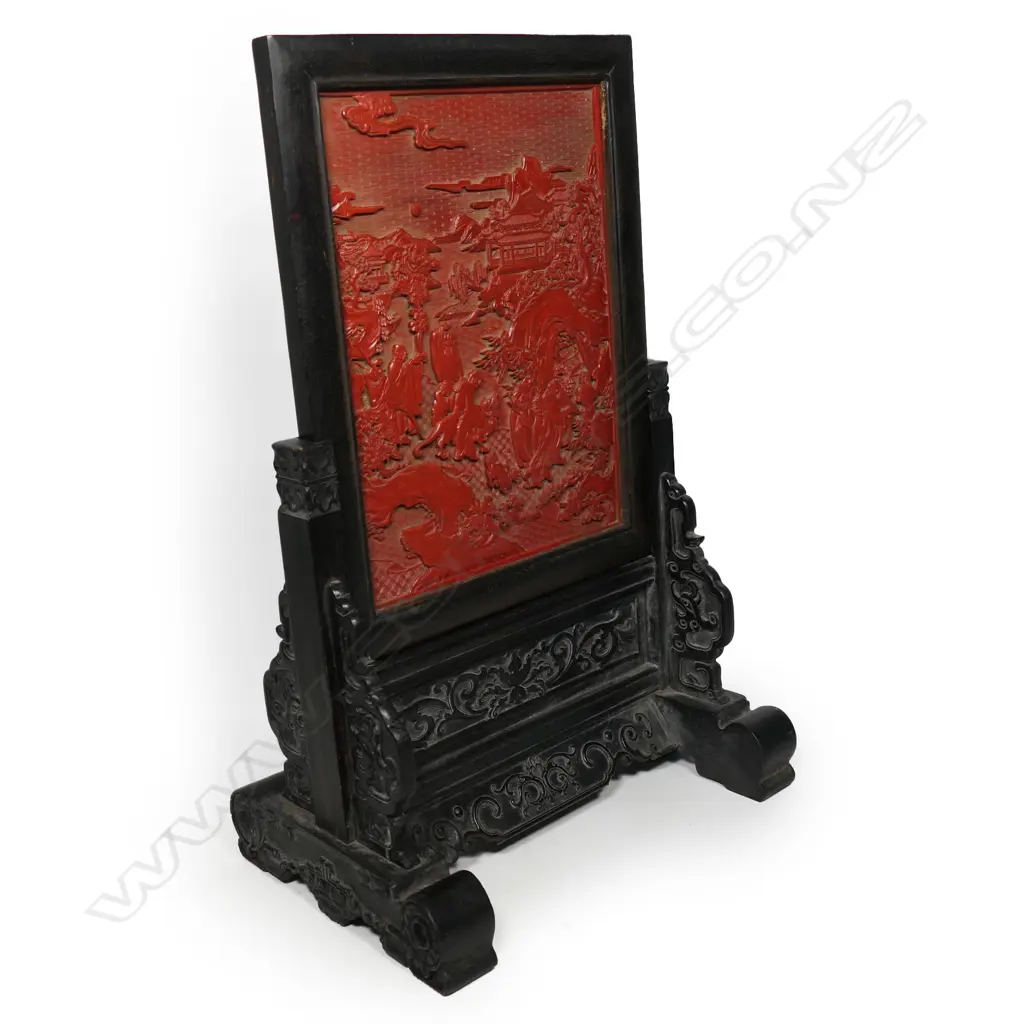 A Chinese cinnabar lacquer and hardwood table screen, Image 1++