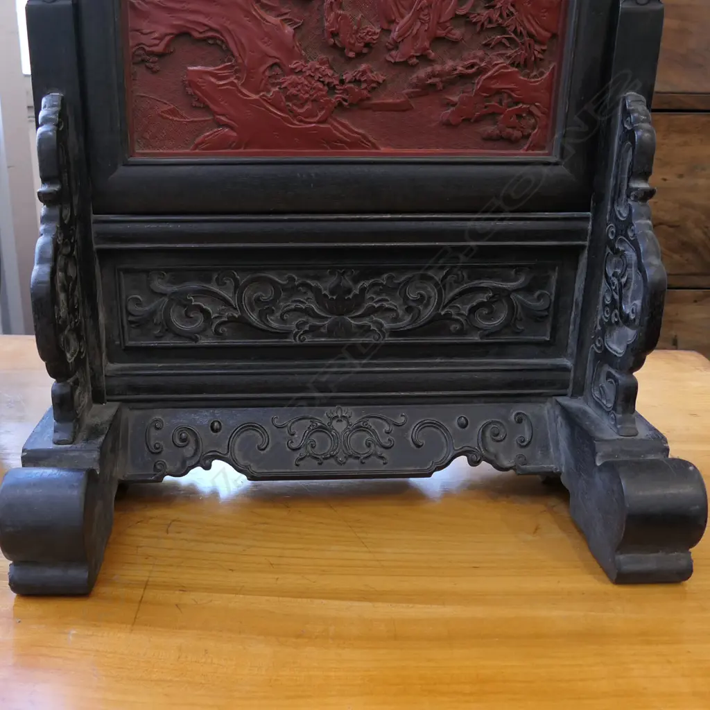 A Chinese cinnabar lacquer and hardwood table screen, Image 1++