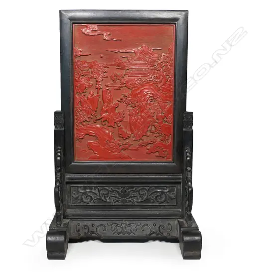 A Chinese cinnabar lacquer and hardwood table screen,