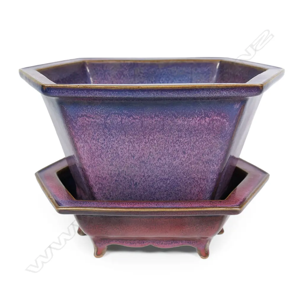 A Chinese hexagonal lavender glaze bonsai planter and base Image 1++